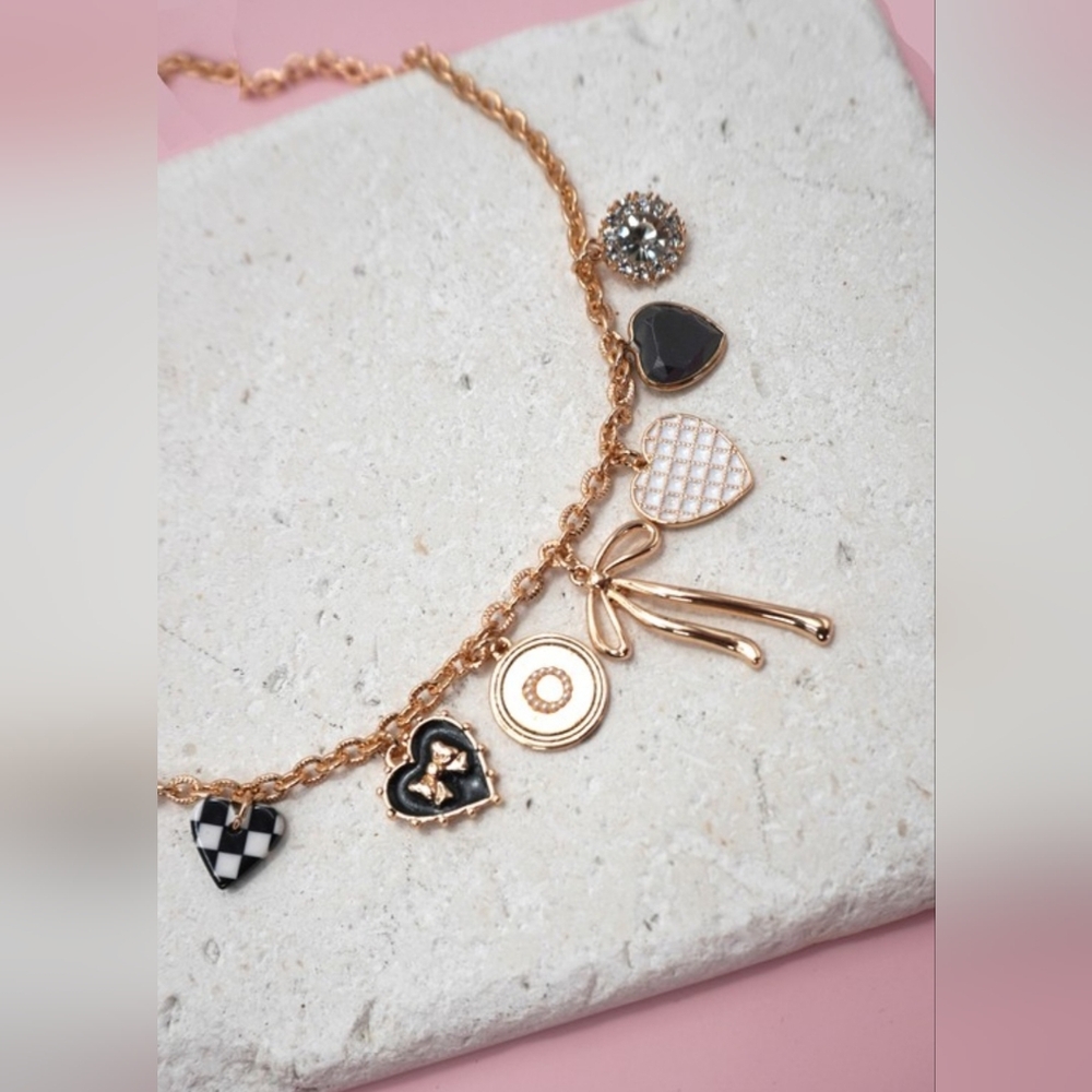 Charm Necklace-bow Checker Heart Rhinestone